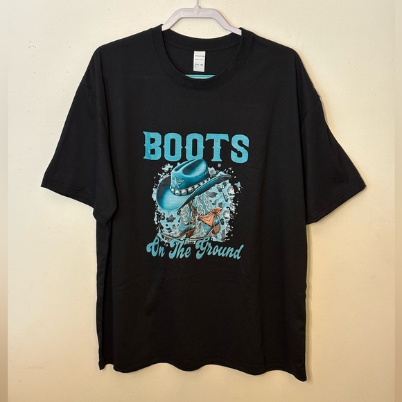 Tops - 🆕Black And Turquoise Graphic T-Shirt With Boots And Hat Design. Size 2X. NWT.